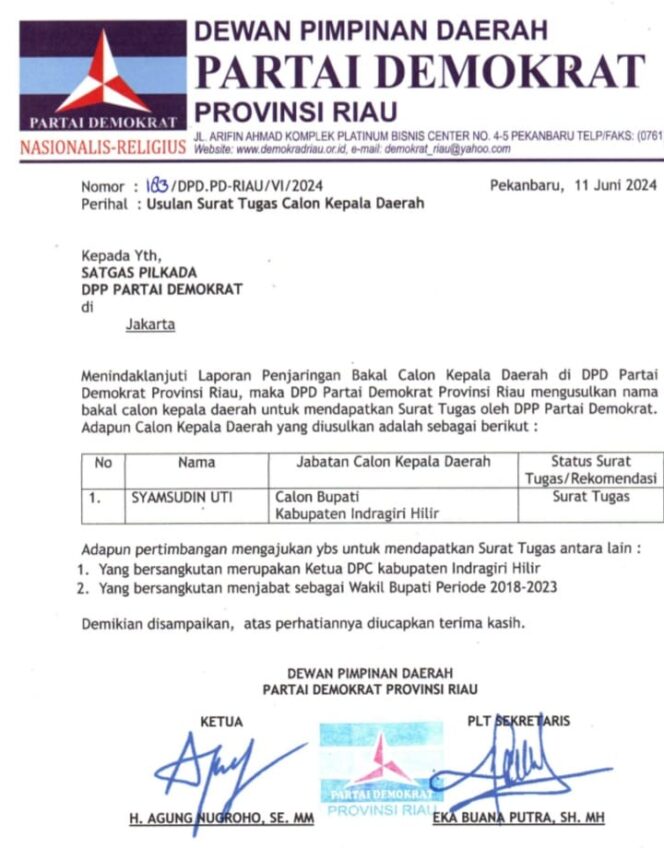 
					DPD Demokrat Provinsi Riau Usulkan SU Sebagai Calon Bupati Inhil 2024-2029