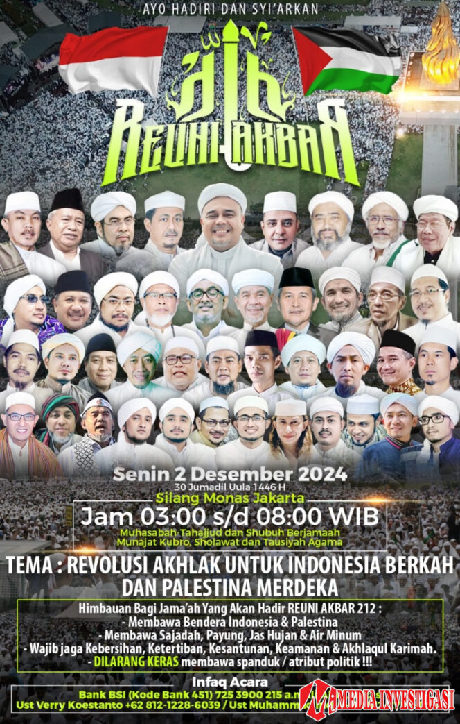 
					Reuni Akbar 212 mengusung tema “Revolusi Akhlak untuk Indonesia Berkah dan Palestina Merdeka”