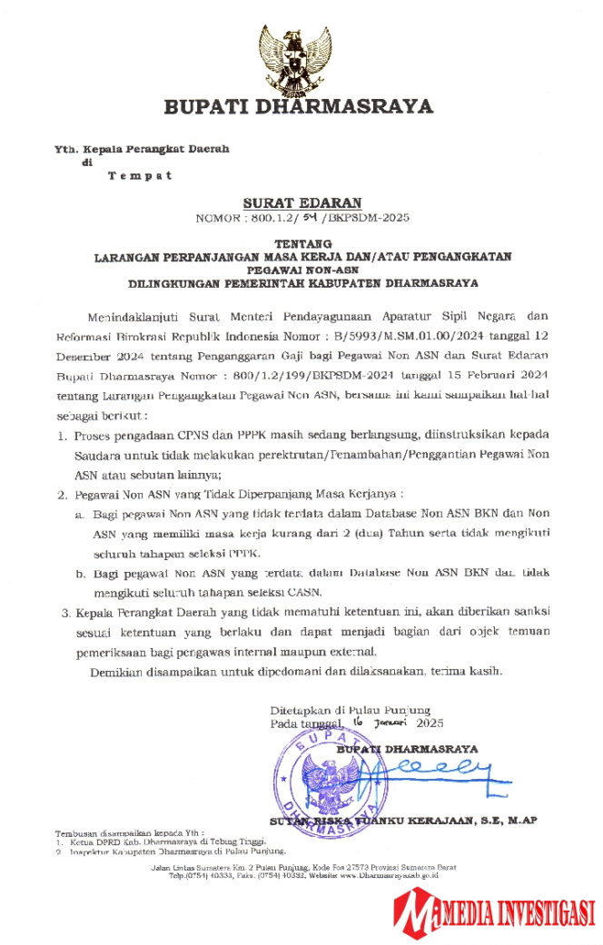 
					Bupati Dharmasraya Terbitkan Surat Edaran untuk Tekan Beban APBD: Ratusan Pegawai Non-ASN Dirumahkan