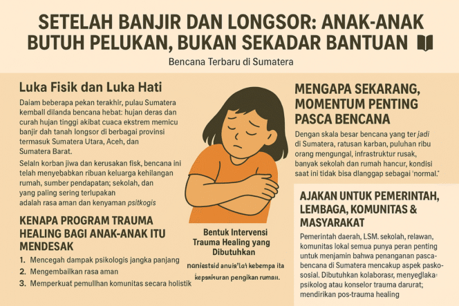 
					Anak-anak adalah kelompok yang paling mudah mengalami trauma setelah bencana. Banyak dari mereka kehilangan rumah, sekolah, bahkan anggota keluarga atau teman dekat. 
