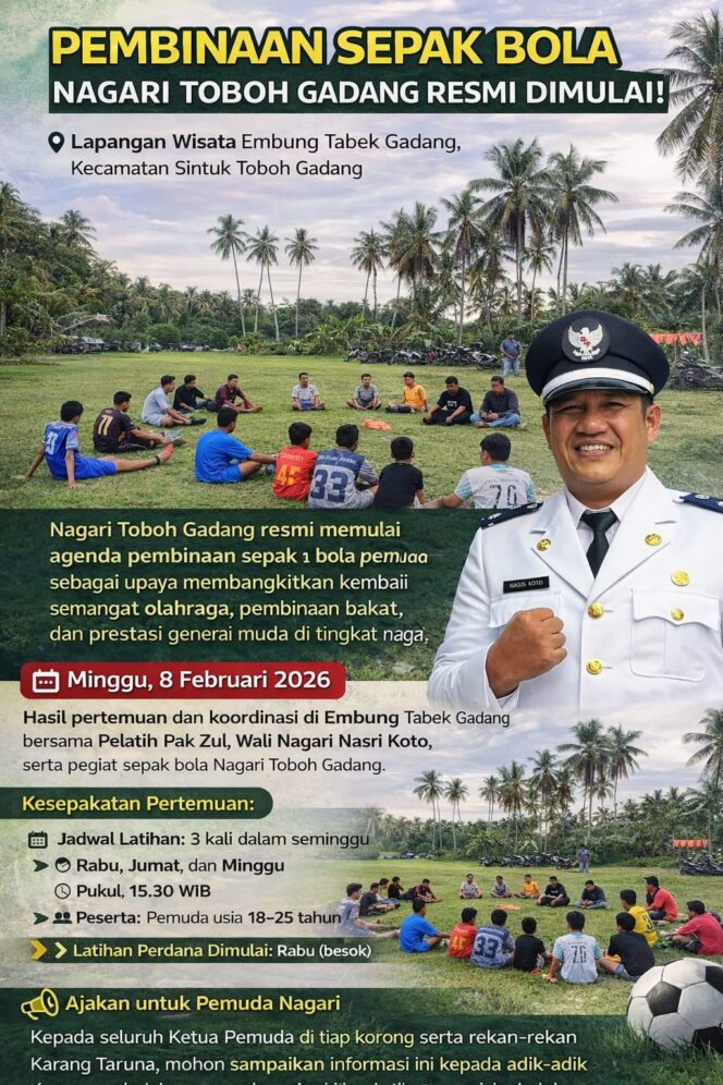 
					Walinagari Toboh Gadang Bersama Karang Taruna Gencarkan Pembinaan Pemuda Lewat Sepak Bola