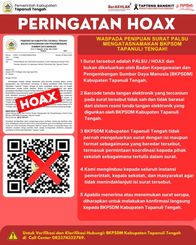 
					Kepala BKPSDM Tapteng Klarifikasi Surat Palsu Kepada Kepala Sekolah