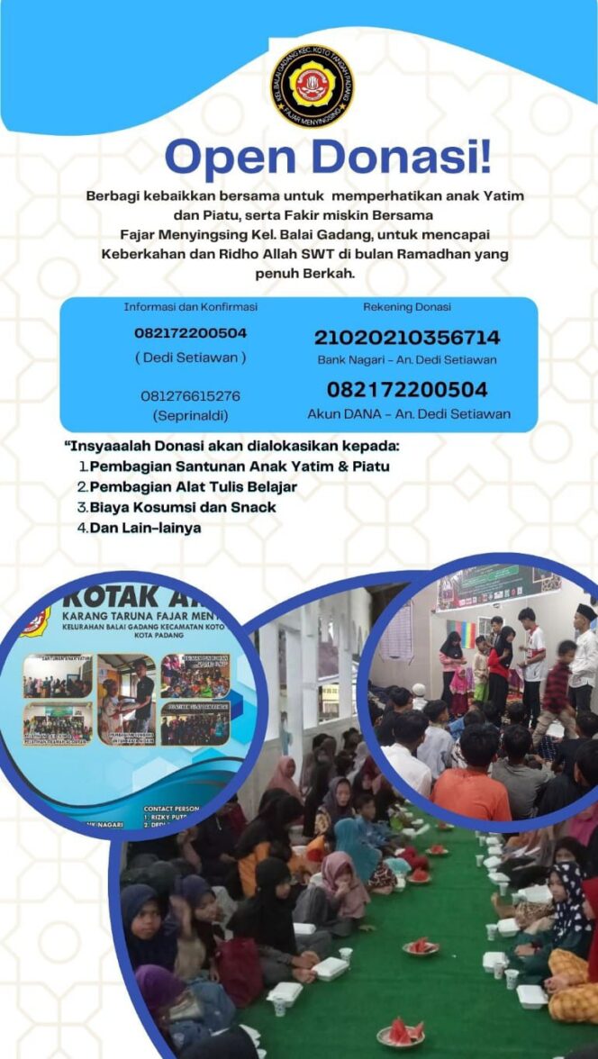 
					Program Santunan Anak Yatim & Piatu (Fakir Miskin) Karang Taruna Fajar Menyingsing, Kel. Balai Gadang