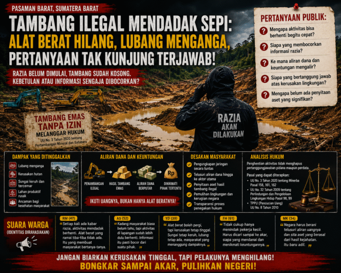 
					Tambang Ilegal di Pasaman Barat Mendadak Sepi: Alat Berat Hilang, Lubang Menganga, Publik Justru Semakin Curiga!